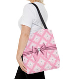 Tote Bag-Glam Pink Mauve Bow-White Damask Diamonds