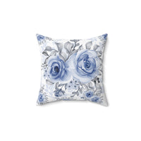 Square Pillow-Stormy Blue-Floral Stencil-White