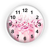 Wall Clock - Blush Ribbons & Roses  - Glam Watercolor Floral Stripes
