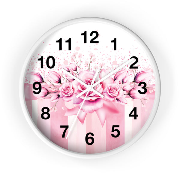 Wall Clock - Blush Ribbons & Roses  - Glam Watercolor Floral Stripes