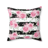Pretty Pink Roses - Black Stripes - Square Pillow