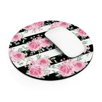 Mouse Pad-Pretty Pink Floral Roses-Black Stripes