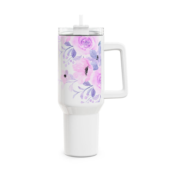 Glam Cup Tumbler, 40oz - Pink & Purple Floral - White