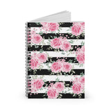 Small Spiral Notebook, 6x8in-Pretty Pink Floral Roses- Black Stripes