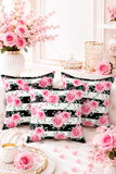 Pretty Pink Roses - Black Stripes - Square Pillow