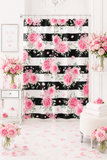 Shower Curtains-Pretty Pink Floral Roses-Black Stripes