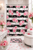 Shower Curtains-Pretty Pink Floral Roses-Black Stripes