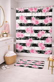 Shower Curtains-Pretty Pink Floral Roses-Black Stripes