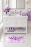 Bath Mat - Lavender Ribbons & Roses - Glam Watercolor Floral Stripes