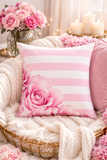 Pink Stripes Floral Roses - Square Pillow