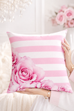 Pink Stripes Floral Roses - Square Pillow