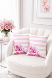 Pink Stripes Floral Roses - Square Pillow
