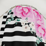 Shower Curtains-Magenta Pink-Floral Bash-Black Horizontal Stripes-White