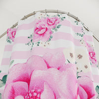 Shower Curtains-Magenta Pink Floral-Pink Horizontal Stripes-White