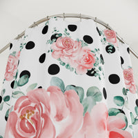 Shower Curtains-Lush Pink Floral-Black Polka Dots-White
