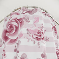 Shower Curtains-Soft Pink Floral Mauve-Horizontal Stripes-White