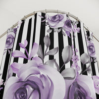 Shower Curtains-Soft Purple Floral-Black White Pinstripes