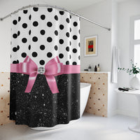 Shower Curtains-Glam Pink Bow-Black Polka Dots-Black Glitter