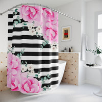 Shower Curtains-Magenta Pink-Floral Bash-Black Horizontal Stripes-White