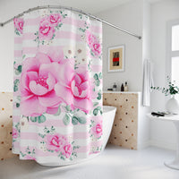 Shower Curtains-Magenta Pink Floral-Pink Horizontal Stripes-White