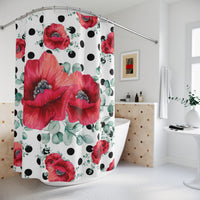 Shower Curtains-Rouge Red Floral-Black Polka Dots-White
