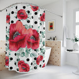 Shower Curtains-Rouge Red Floral-Black Polka Dots-White