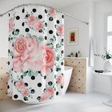 Shower Curtains-Lush Pink Floral-Black Polka Dots-White