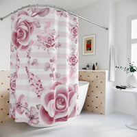 Shower Curtains-Soft Pink Floral Mauve-Horizontal Stripes-White