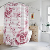 Shower Curtains-Soft Pink Floral Mauve-Horizontal Stripes-White