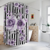 Shower Curtains-Soft Purple Floral-Black White Pinstripes