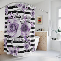 Shower Curtains-Soft Purple Floral-Black Horizontal Stripes-White