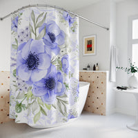 Shower Curtains-Soft Blue Floral-Blue Stencil-White
