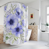 Shower Curtains-Soft Blue Floral-Blue Stencil-White
