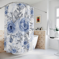 Shower Curtains-Stormy Blue-Floral Stencil-White