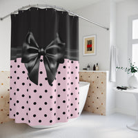 Shower Curtains-Glam Black Bow-Soft Pink-Black Polka Dots
