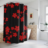 Shower Curtains-Red Floral Blossoms-Black