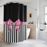 Shower Curtains-Glam Pink Bow-Black White Pinstripes-Black