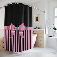 Shower Curtains-Glam Pink Bow-Pink Black Pinstripes-Black