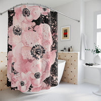 Shower Curtains-Rose Gold-Pink Floral-Paint Splatter-Black