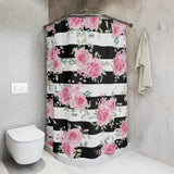 Shower Curtains-Pretty Pink Floral Roses-Black Stripes