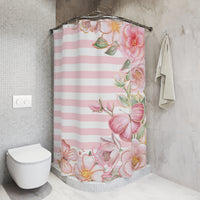 Shower Curtains-Pink Floral Butterflies-Pink Horizontal Stripes