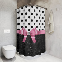 Shower Curtains-Glam Pink Bow-Black Polka Dots-Black Glitter