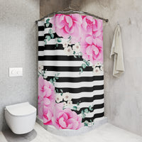 Shower Curtains-Magenta Pink-Floral Bash-Black Horizontal Stripes-White