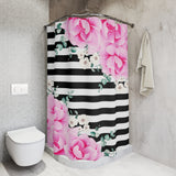 Shower Curtains-Magenta Pink-Floral Bash-Black Horizontal Stripes-White