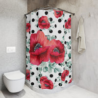 Shower Curtains-Rouge Red Floral-Black Polka Dots-White