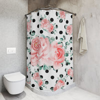 Shower Curtains-Lush Pink Floral-Black Polka Dots-White
