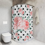 Shower Curtains-Lush Pink Floral-Black Polka Dots-White