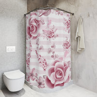 Shower Curtains-Soft Pink Floral Mauve-Horizontal Stripes-White