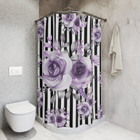 Shower Curtains-Soft Purple Floral-Black White Pinstripes
