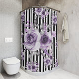 Shower Curtains-Soft Purple Floral-Black White Pinstripes